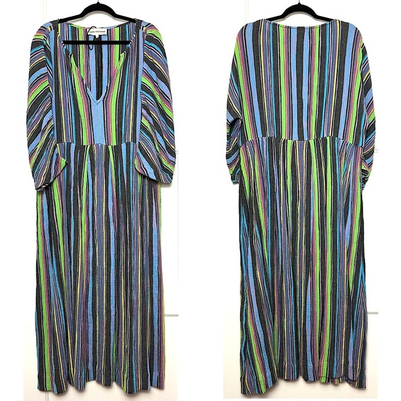 MARA HOFFMAN Colorful Stripe Crinkled Hemp V-Neck Oversized Kaftan Maxi Dress S - Picture 4 of 7